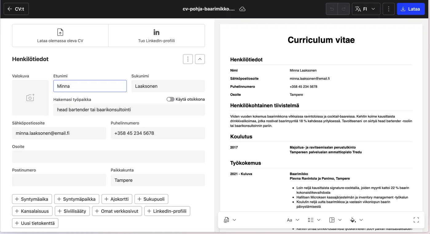 CV.fi:n työkalu: lomake vasemmalla ja reaaliaikainen esikatselu oikealla