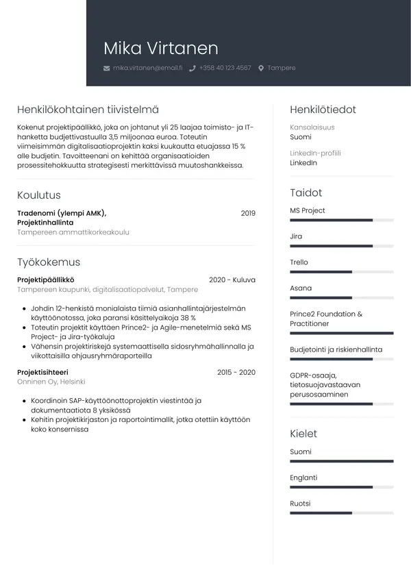 Esimerkki ammattimaisesta CV-pohjasta